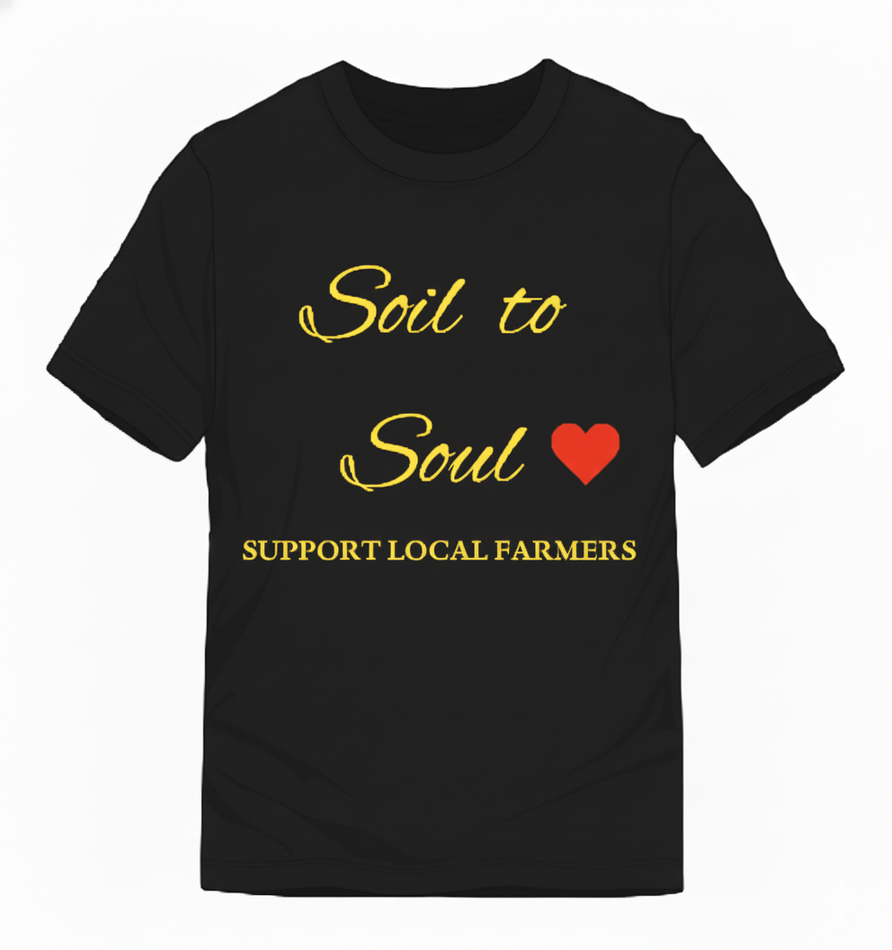 black tshirt soil to soul. support local farmers